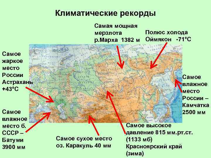 Климатические рекорды Самая мощная Полюс холода мерзлота р. Марха 1382 м Оймякон -71°С Самое