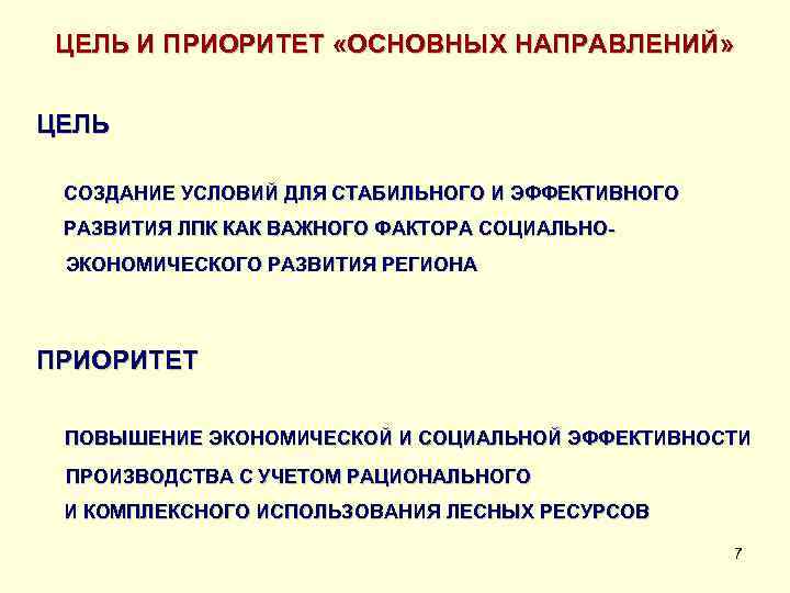 ЦЕЛЬ И ПРИОРИТЕТ «ОСНОВНЫХ НАПРАВЛЕНИЙ» ЦЕЛЬ СОЗДАНИЕ УСЛОВИЙ ДЛЯ СТАБИЛЬНОГО И ЭФФЕКТИВНОГО РАЗВИТИЯ ЛПК