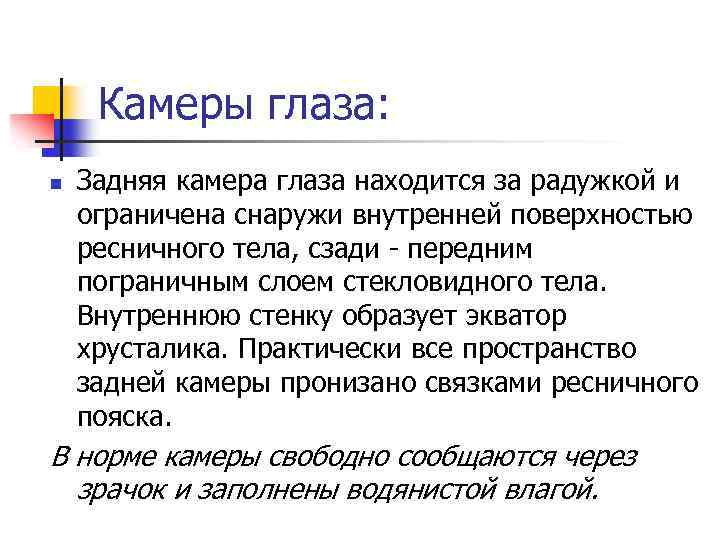 Камеры глаза: n Задняя камера глаза находится за радужкой и ограничена снаружи внутренней поверхностью