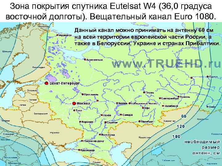 Зона покрытия спутника Eutelsat W 4 (36, 0 градуса восточной долготы). Вещательный канал Euro