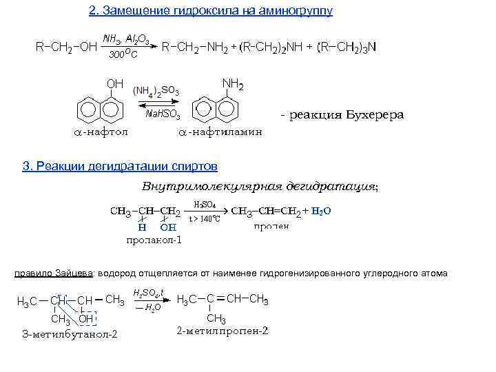 2. Замещение гидроксила на аминогруппу - реакция Бухерера 3. Реакции дегидратации спиртов Внутримолекулярная дегидратация;