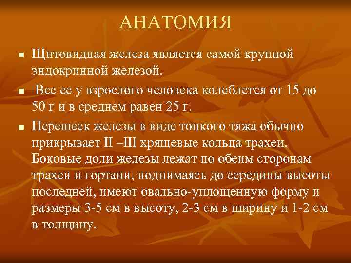 АНАТОМИЯ n n n Щитовидная железа является самой крупной эндокринной железой. Вес ее у