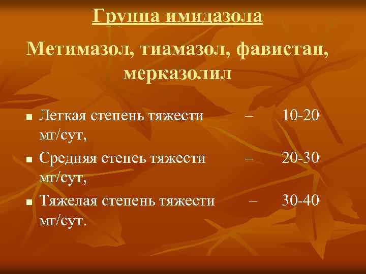 Группа имидазола Метимазол, тиамазол, фавистан, мерказолил n n n Легкая степень тяжести мг/сут, Средняя