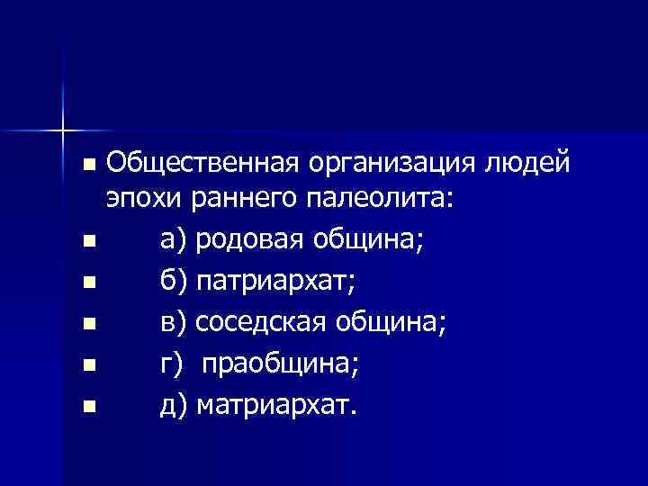 Общественная организация людей эпохи раннего палеолита: n а) родовая община; n б) патриархат; n
