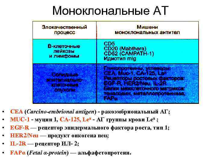 Моноклональные АТ • • • CEA (Carcino-embrional antigen) - ракоэмбриональный АГ; MUC-1 - муцин