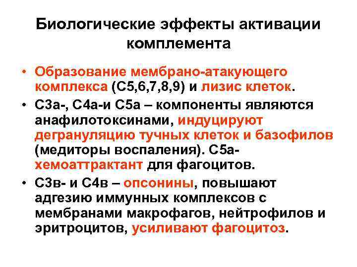 Биологические эффекты активации комплемента • Образование мембрано-атакующего комплекса (С 5, 6, 7, 8, 9)