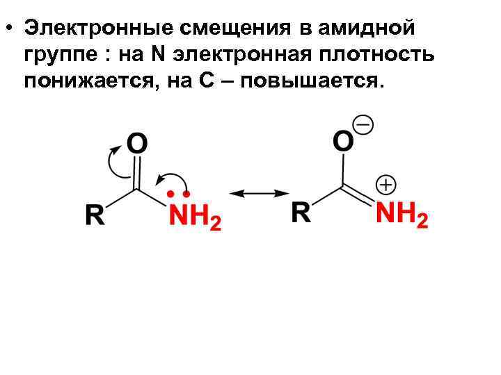  • Электронные смещения в амидной группе : на N электронная плотность понижается, на