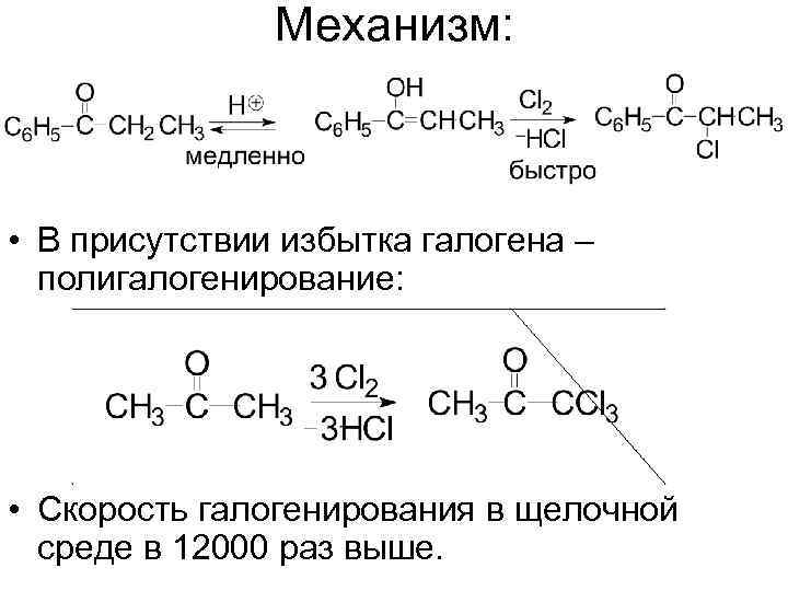 Механизм: • В присутствии избытка галогена – полигалогенирование: • Скорость галогенирования в щелочной среде