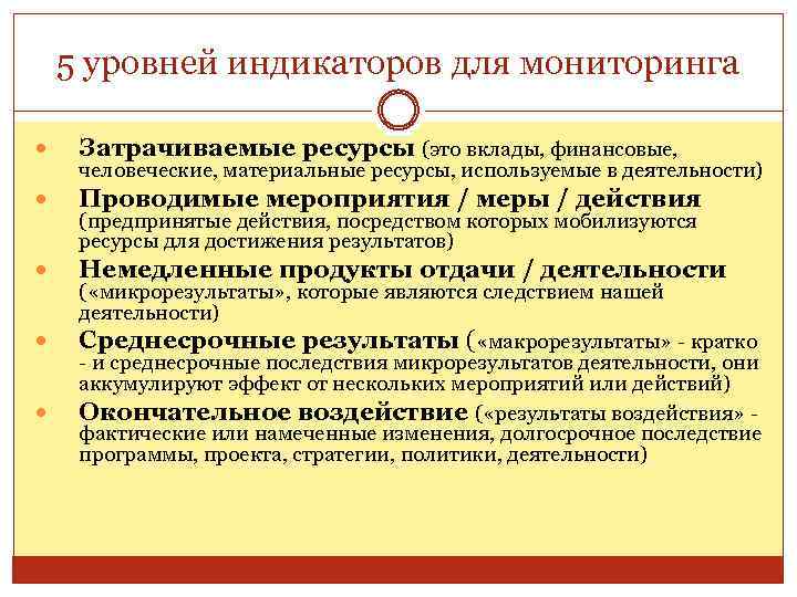 5 уровней индикаторов для мониторинга Затрачиваемые ресурсы (это вклады, финансовые, Проводимые мероприятия / меры