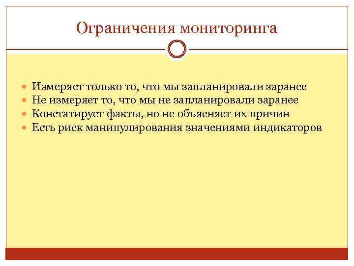 Ограничения мониторинга Измеряет только то, что мы запланировали заранее Не измеряет то, что мы