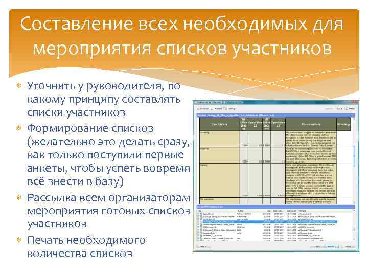 Составление всех необходимых для мероприятия списков участников Уточнить у руководителя, по какому принципу составлять