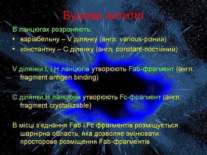 Будова антитіл В ланцюгах розрізняють: • варіабельну – V ділянку (англ. various-різний) • константну