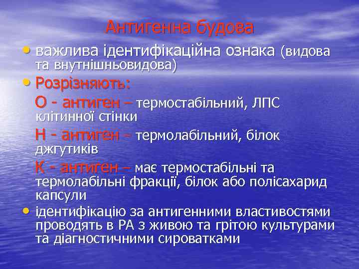 Антигенна будова • важлива ідентифікаційна ознака (видова та внутнішньовидова) • Розрізняють: О - антиген