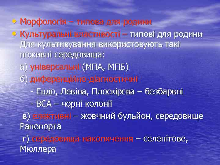  • Морфологія – типова для родини • Культуральні властивості – типові для родини
