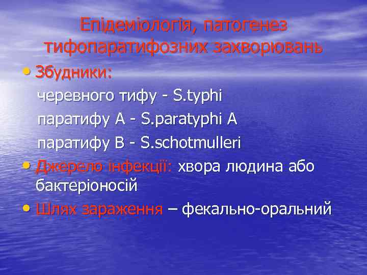 Епідеміологія, патогенез тифопаратифозних захворювань • Збудники: черевного тифу - S. typhi паратифу А -