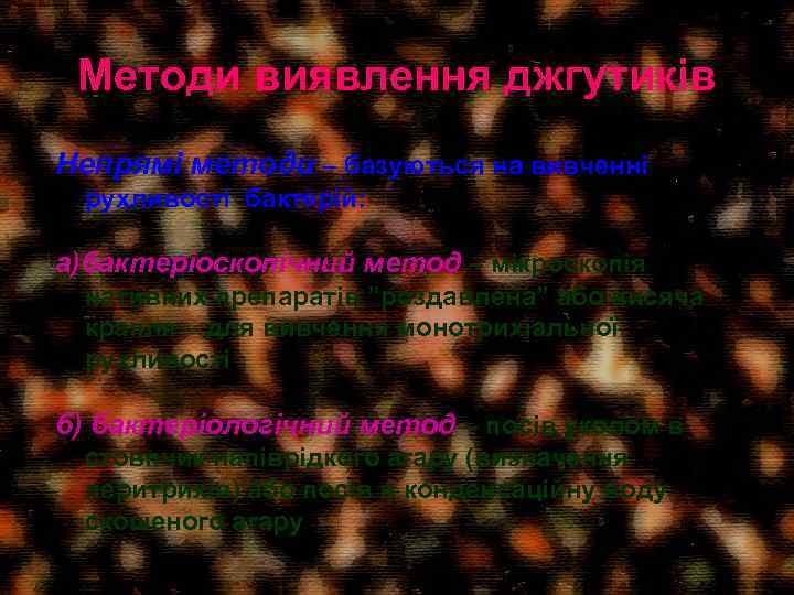 Методи виявлення джгутиків Непрямі методи – базуються на вивченні рухливості бактерій: а)бактеріоскопічний метод –