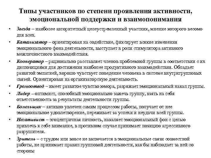 Типы участников по степени проявления активности, эмоциональной поддержки и взаимопонимания • • Звезда –