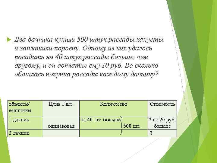  Два дачника купили 500 штук рассады капусты и заплатили поровну. Одному из них