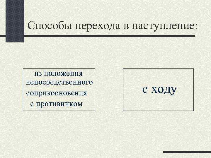 Способы перехода в наступление: из положения непосредственного соприкосновения с противником с ходу 