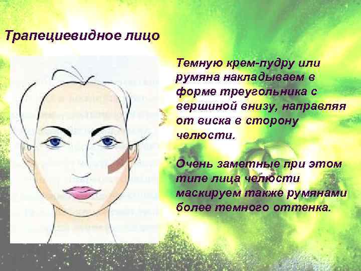 Трапециевидное лицо Темную крем-пудру или румяна накладываем в форме треугольника с вершиной внизу, направляя
