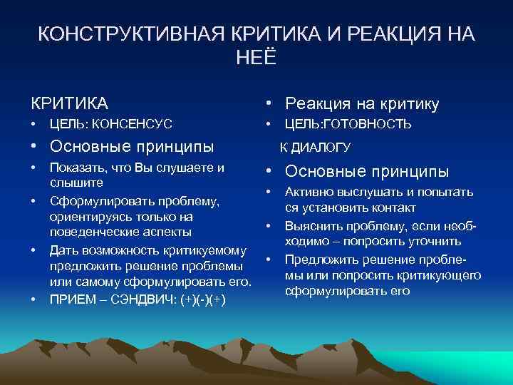 КОНСТРУКТИВНАЯ КРИТИКА И РЕАКЦИЯ НА НЕЁ КРИТИКА • Реакция на критику • • ЦЕЛЬ: