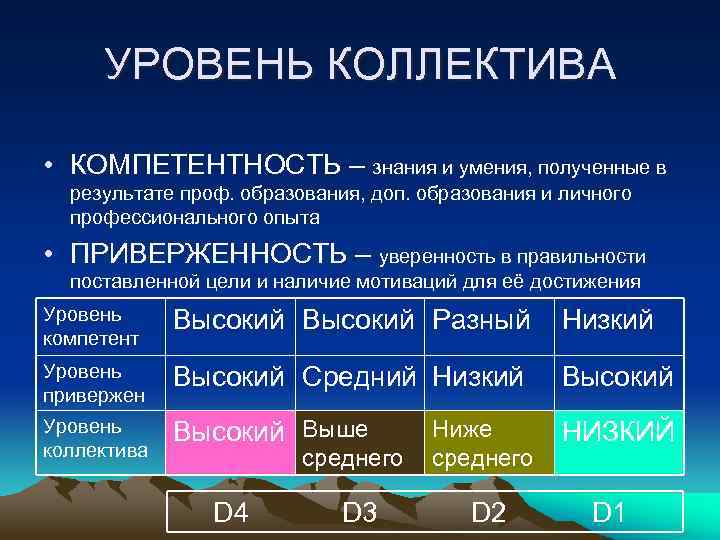 УРОВЕНЬ КОЛЛЕКТИВА • КОМПЕТЕНТНОСТЬ – знания и умения, полученные в результате проф. образования, доп.