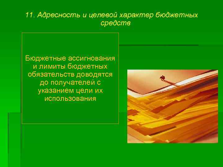 11. Адресность и целевой характер бюджетных средств Бюджетные ассигнования и лимиты бюджетных обязательств доводятся