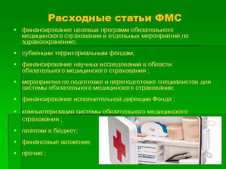 Расходные статьи ФМС § финансирование целевых программ обязательного медицинского страхования и отдельных мероприятий по