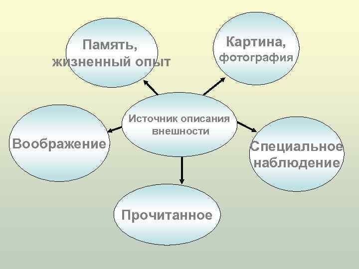 Память, жизненный опыт Воображение Картина, фотография Источник описания внешности Специальное наблюдение Прочитанное 