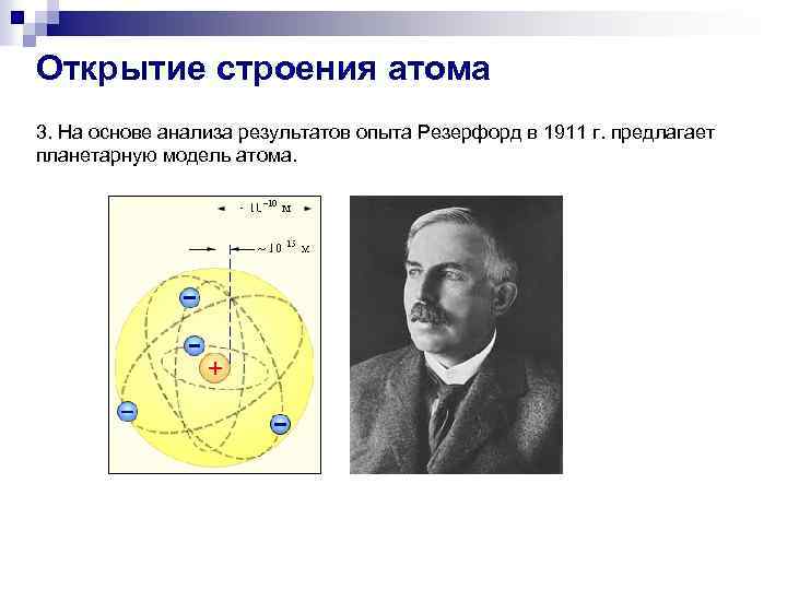 Открытие строения атома 3. На основе анализа результатов опыта Резерфорд в 1911 г. предлагает
