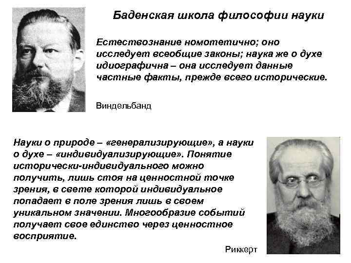 Баденская школа философии науки Естествознание номотетично; оно исследует всеобщие законы; наука же о духе