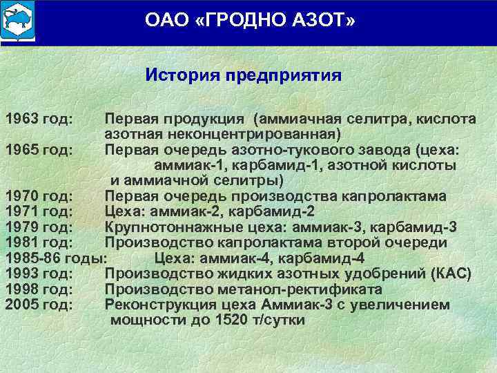 ОАО «ГРОДНО АЗОТ» История предприятия 1963 год: Первая продукция (аммиачная селитра, кислота азотная неконцентрированная)