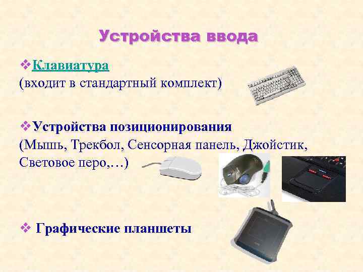 Устройства ввода v. Клавиатура (входит в стандартный комплект) v. Устройства позиционирования (Мышь, Трекбол, Сенсорная