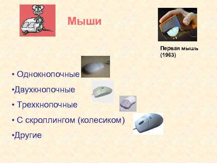 Мыши Первая мышь (1963) • Однокнопочные • Двухкнопочные • Трехкнопочные • С скроллингом (колесиком)