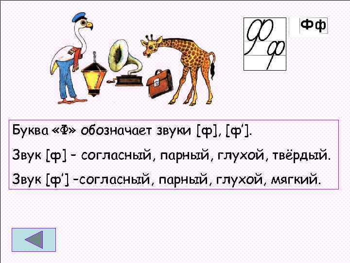 Буква «Ф» обозначает звуки [ф], [ф’]. Звук [ф] – согласный, парный, глухой, твёрдый. Звук