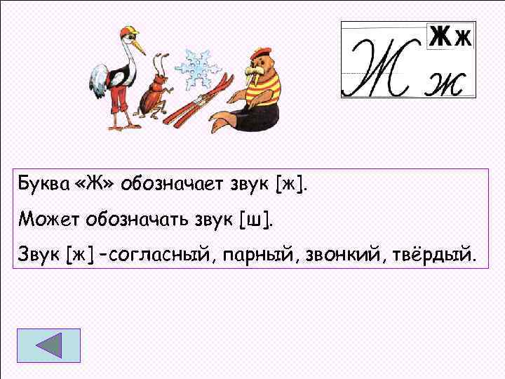 Буква «Ж» обозначает звук [ж]. Может обозначать звук [ш]. Звук [ж] –согласный, парный, звонкий,