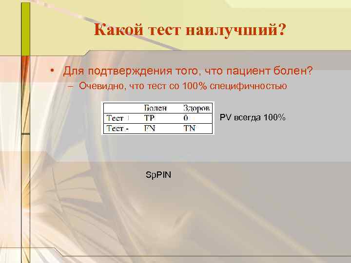 Какой тест наилучший? • Для подтверждения того, что пациент болен? – Очевидно, что тест