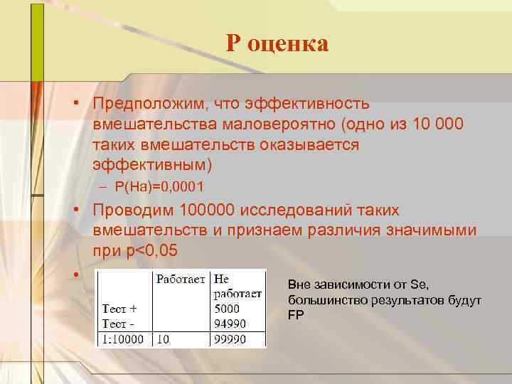 Р оценка • Предположим, что эффективность вмешательства маловероятно (одно из 10 000 таких вмешательств