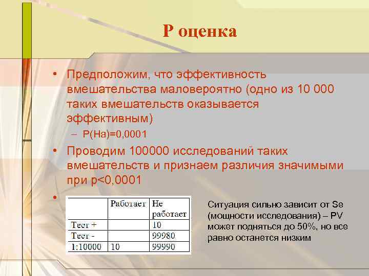 Р оценка • Предположим, что эффективность вмешательства маловероятно (одно из 10 000 таких вмешательств