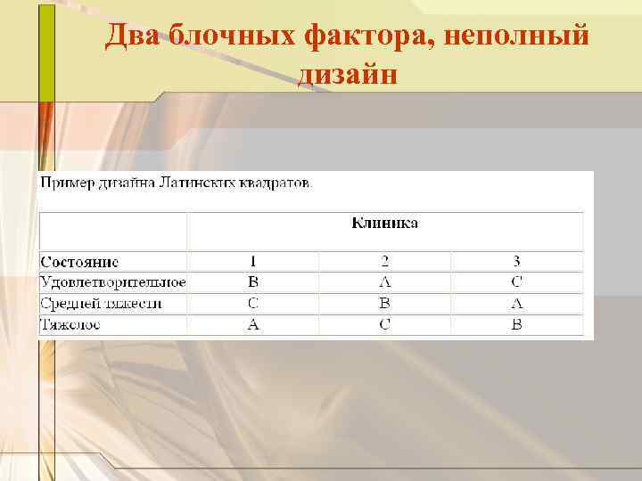 Два блочных фактора, неполный дизайн 