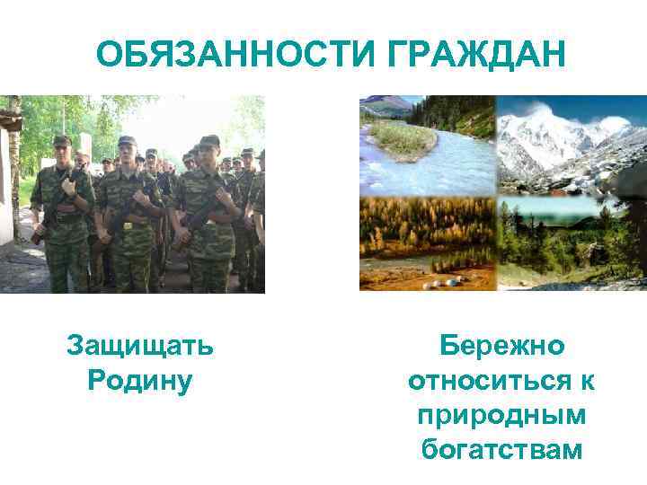 ОБЯЗАННОСТИ ГРАЖДАН Защищать Родину Бережно относиться к природным богатствам 