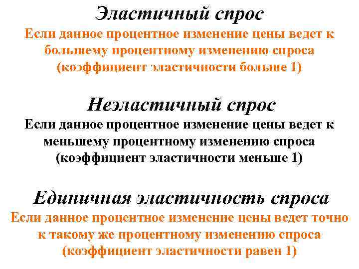 Эластичный спрос Если данное процентное изменение цены ведет к большему процентному изменению спроса (коэффициент