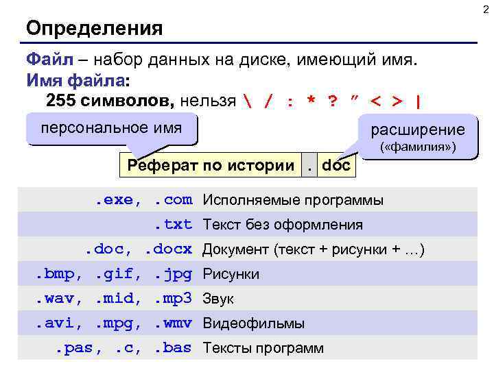 2 Определения Файл – набор данных на диске, имеющий имя. Имя файла: 255 символов,