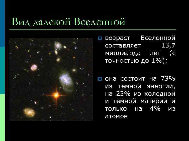 Вид далекой Вселенной p возраст Вселенной составляет 13, 7 миллиарда лет (с точностью до