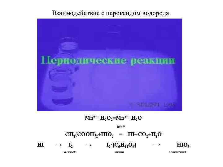 Взаимодействие с пероксидом водорода Mn 2++H 2 O 2=Mn 3++H 2 O Mn 3+