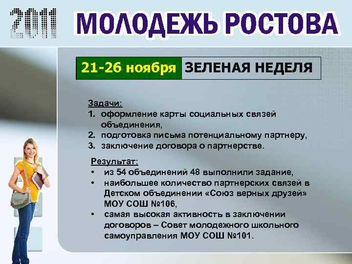 21 -26 ноября ЗЕЛЕНАЯ НЕДЕЛЯ Задачи: 1. оформление карты социальных связей объединения, 2. подготовка
