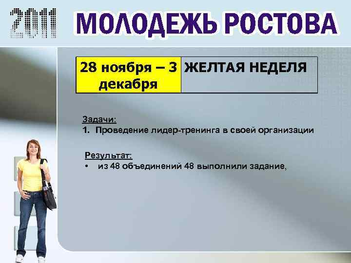 28 ноября – 3 ЖЕЛТАЯ НЕДЕЛЯ декабря Задачи: 1. Проведение лидер-тренинга в своей организации