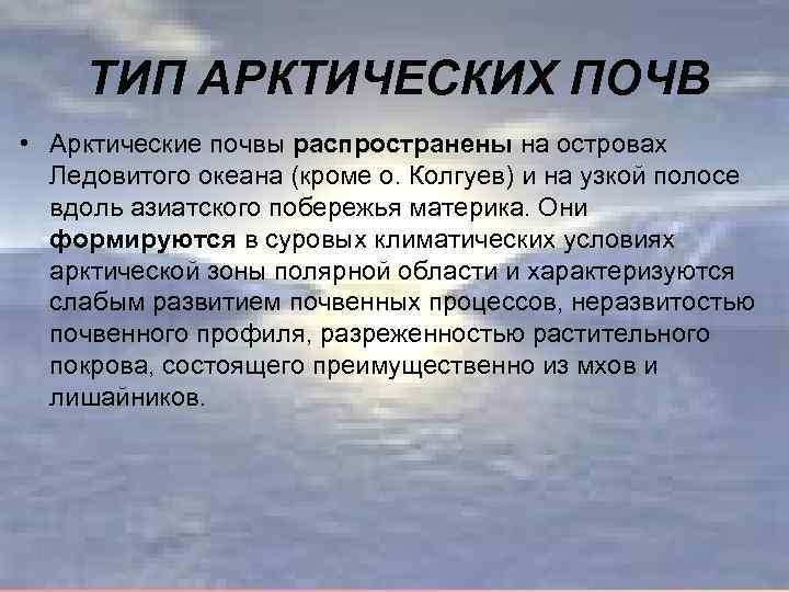 ТИП АРКТИЧЕСКИХ ПОЧВ • Арктические почвы распространены на островах Ледовитого океана (кроме о. Колгуев)