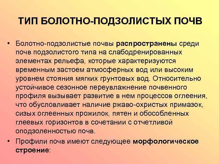 ТИП БОЛОТНО-ПОДЗОЛИСТЫХ ПОЧВ • Болотно-подзолистые почвы распространены среди почв подзолистого типа на слабодренированных элементах