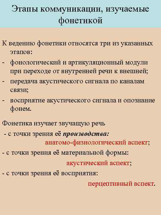 Этапы коммуникации, изучаемые фонетикой К ведению фонетики относятся три из указанных этапов: - фонологический